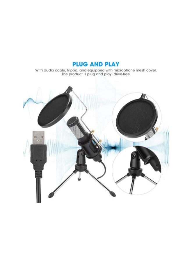 USB Capacitive Microphone, PC Condenser Recording Microphone Kit with Professional Tripod Stand and Pops Filter for Computer, Laptop, ASMR Streaming Video Studio Voice Overs Broadcast