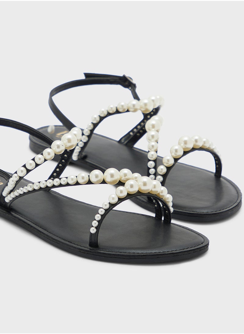 Pearl Detail Backstrap Flat Sandal
