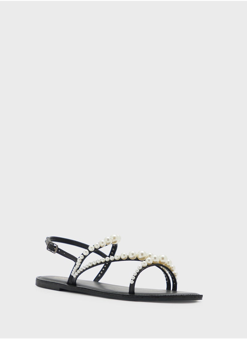Pearl Detail Backstrap Flat Sandal