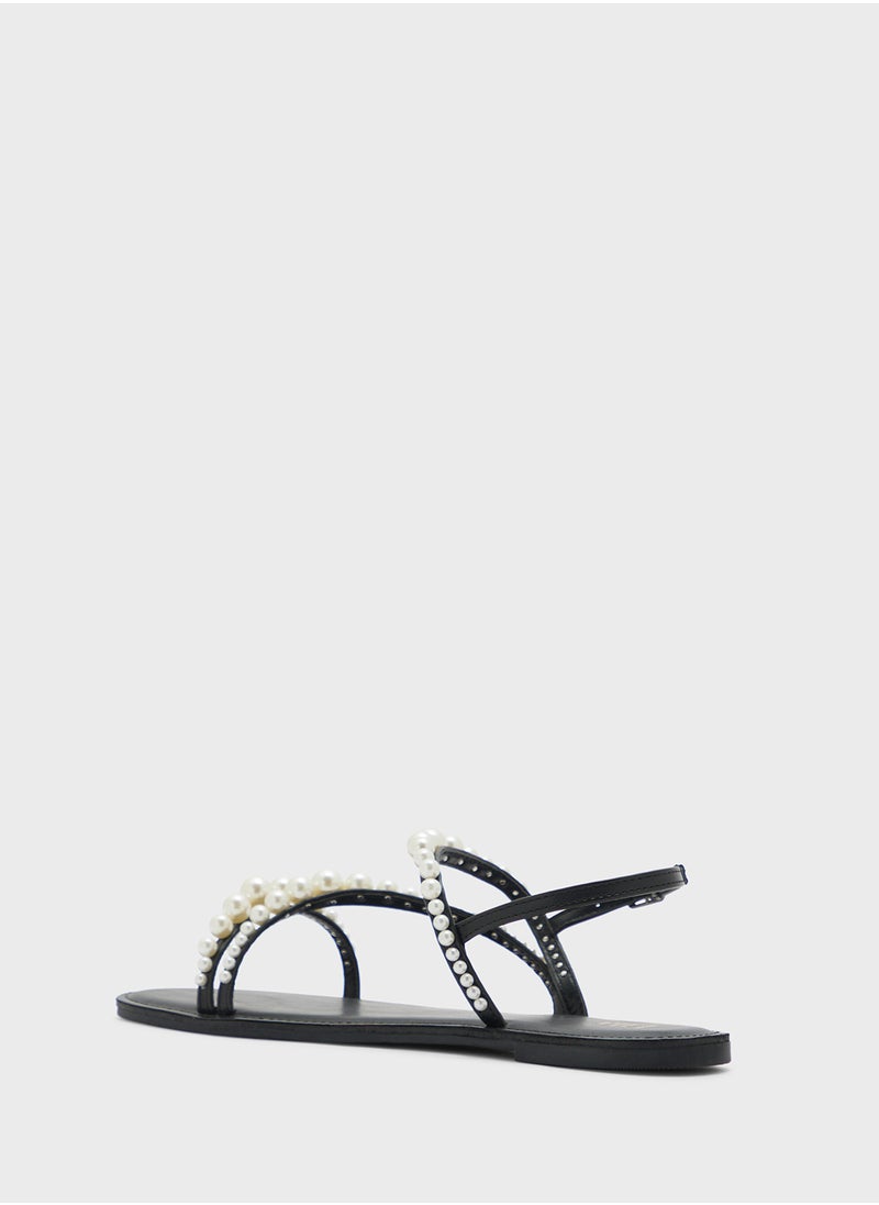 Pearl Detail Backstrap Flat Sandal