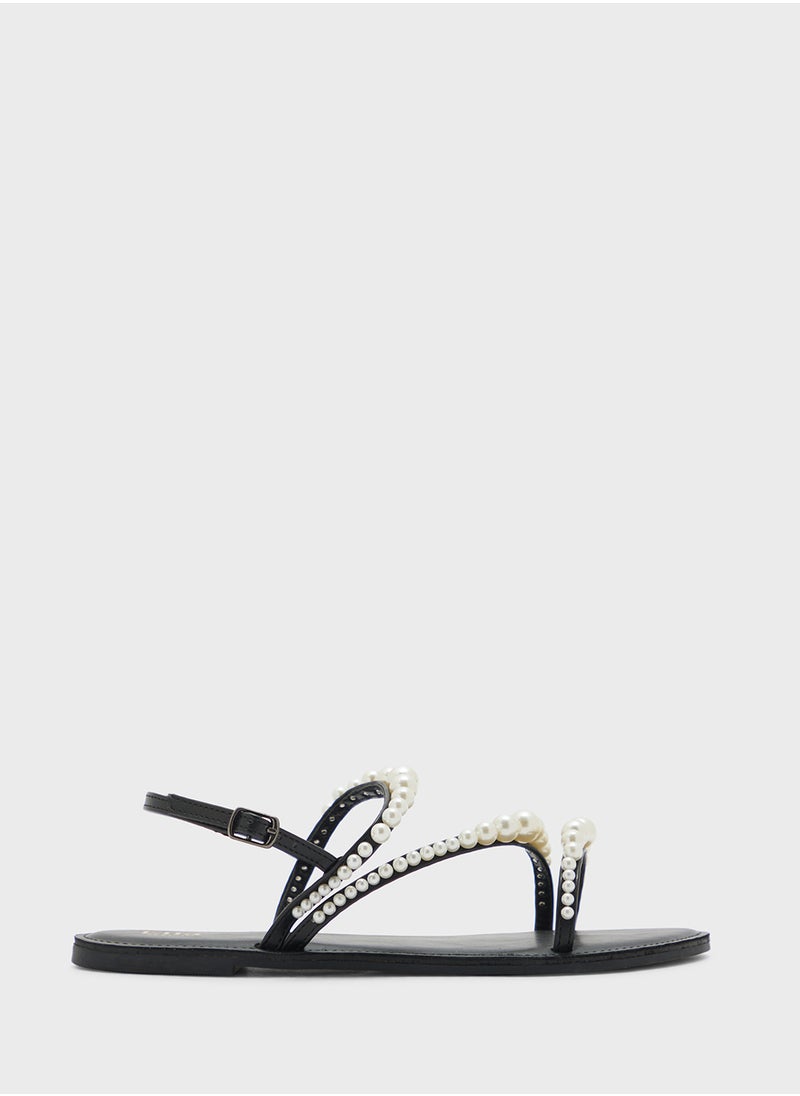 Pearl Detail Backstrap Flat Sandal