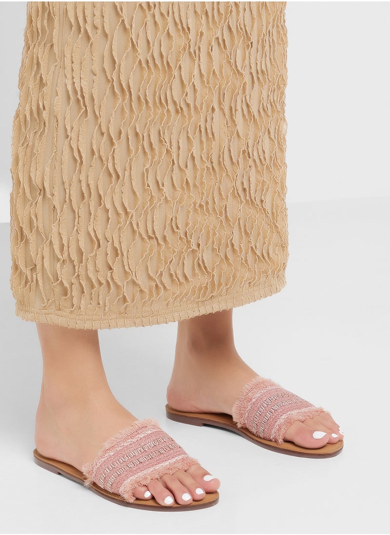 Frayed Edge Diamante Raffia Flat Sandal