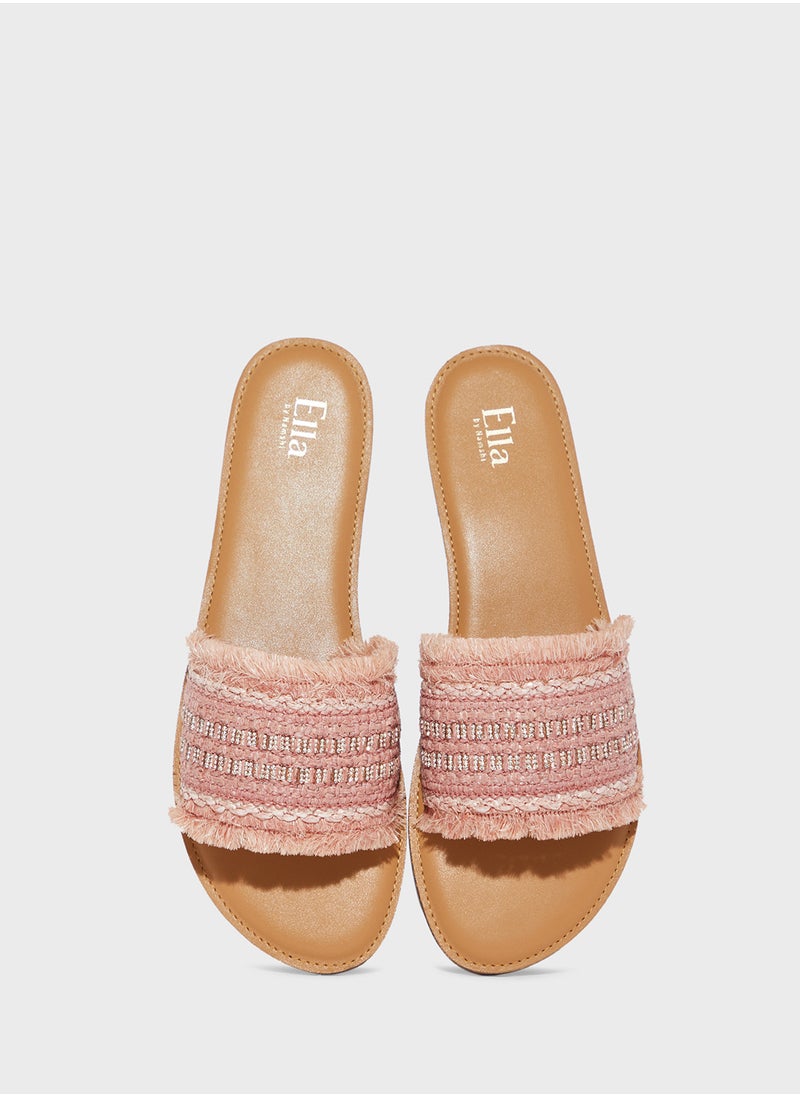 Frayed Edge Diamante Raffia Flat Sandal