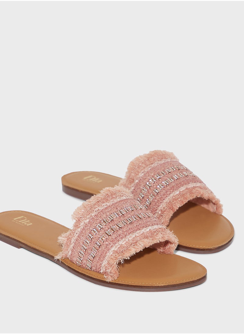 Frayed Edge Diamante Raffia Flat Sandal
