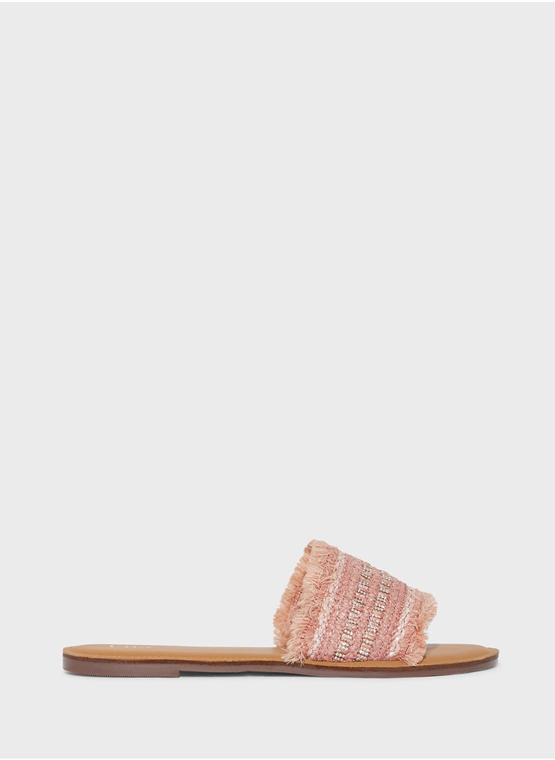 Frayed Edge Diamante Raffia Flat Sandal