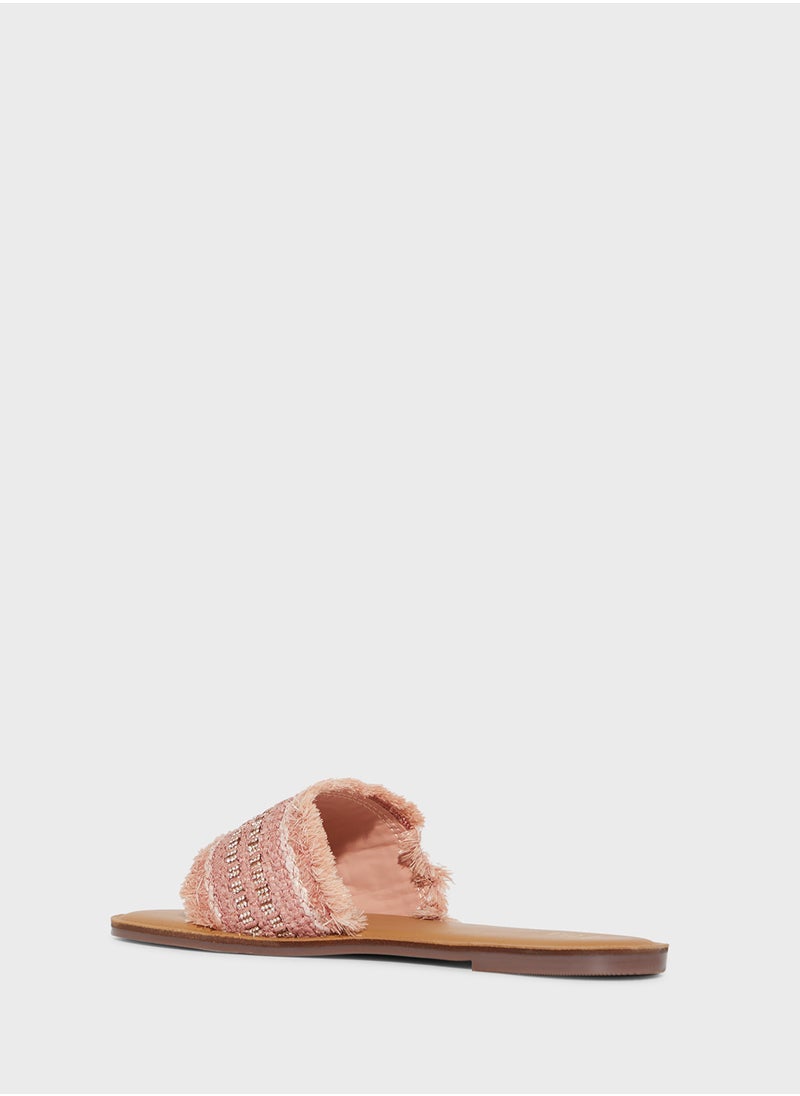 Frayed Edge Diamante Raffia Flat Sandal