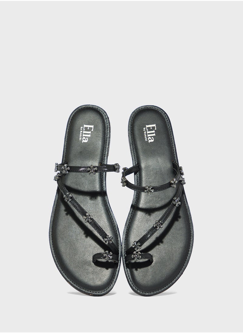 Toe Post Detail Flat Sandal With Floral Diamante