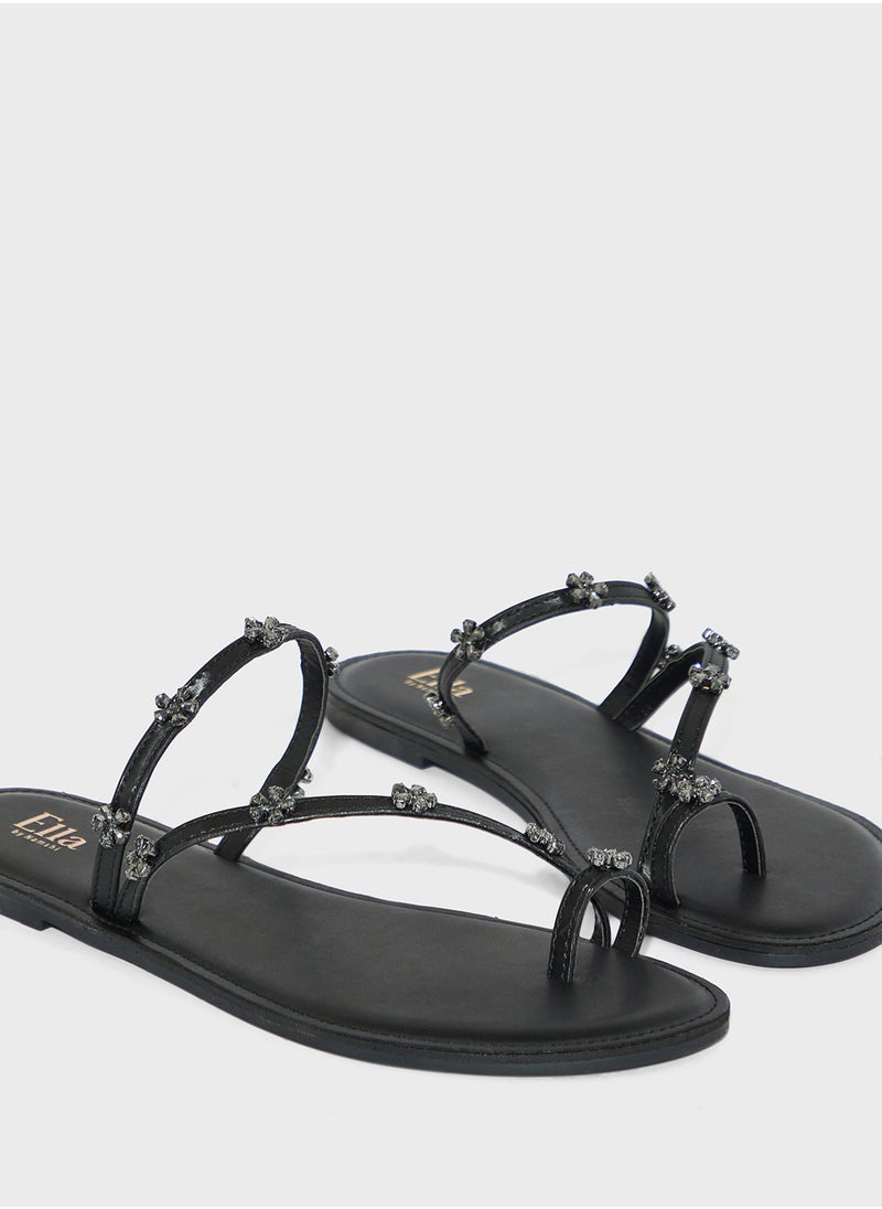 Toe Post Detail Flat Sandal With Floral Diamante