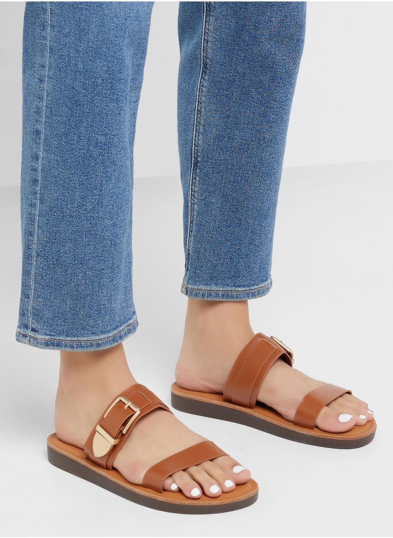 Chunky Buckle Double Strap Flat Sandal