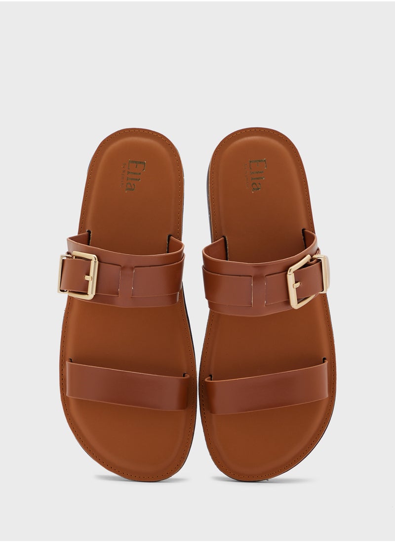 Chunky Buckle Double Strap Flat Sandal