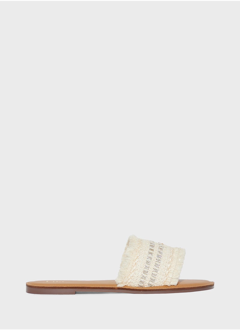 Frayed Edge Diamante Raffia Flat Sandal