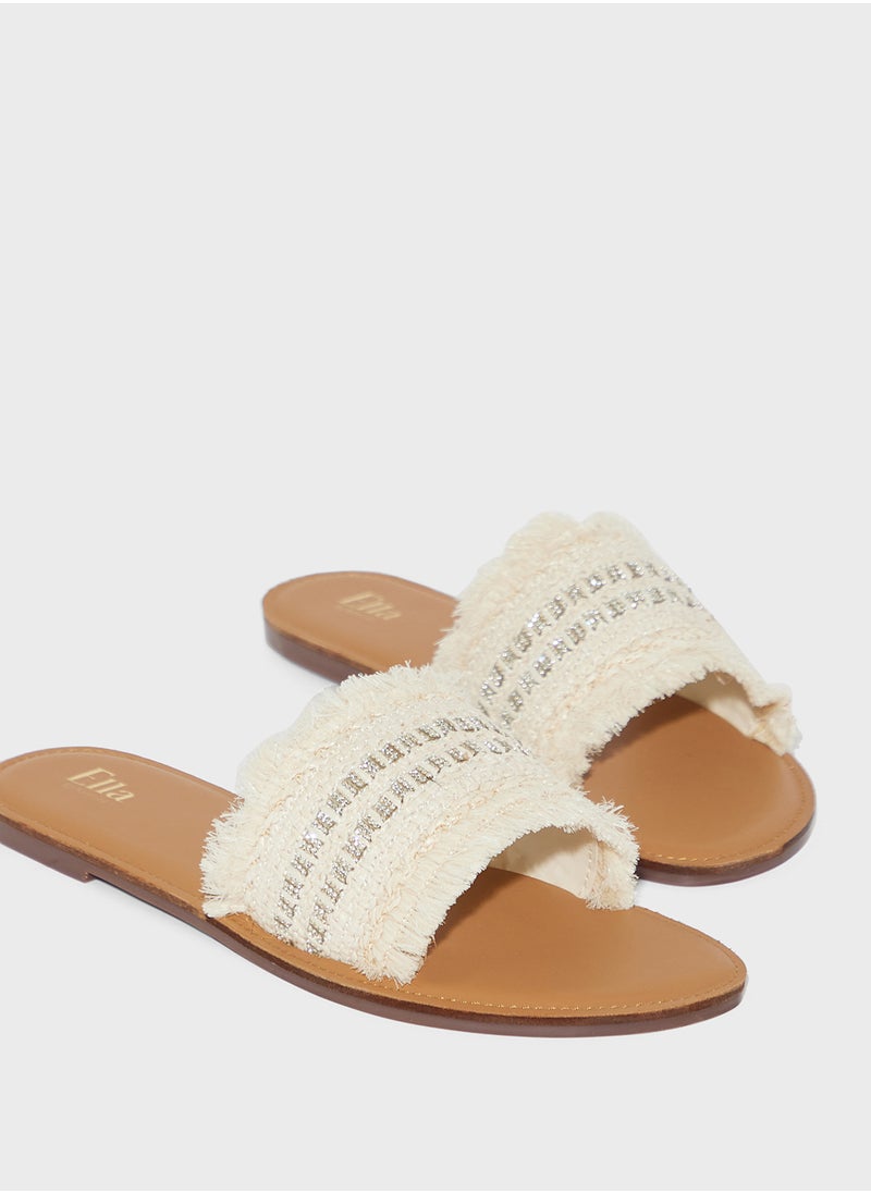 Frayed Edge Diamante Raffia Flat Sandal