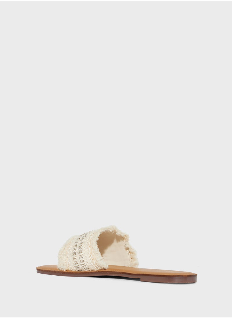 Frayed Edge Diamante Raffia Flat Sandal