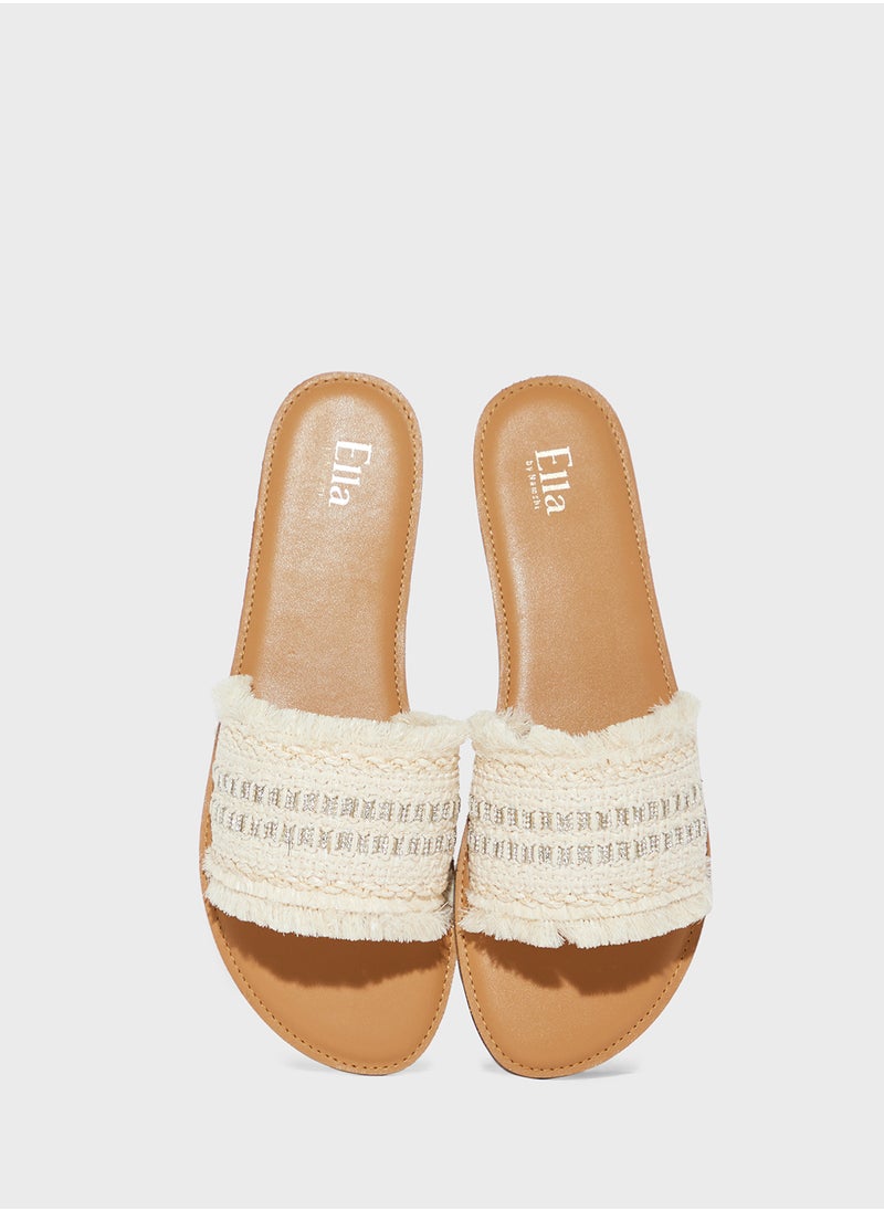 Frayed Edge Diamante Raffia Flat Sandal