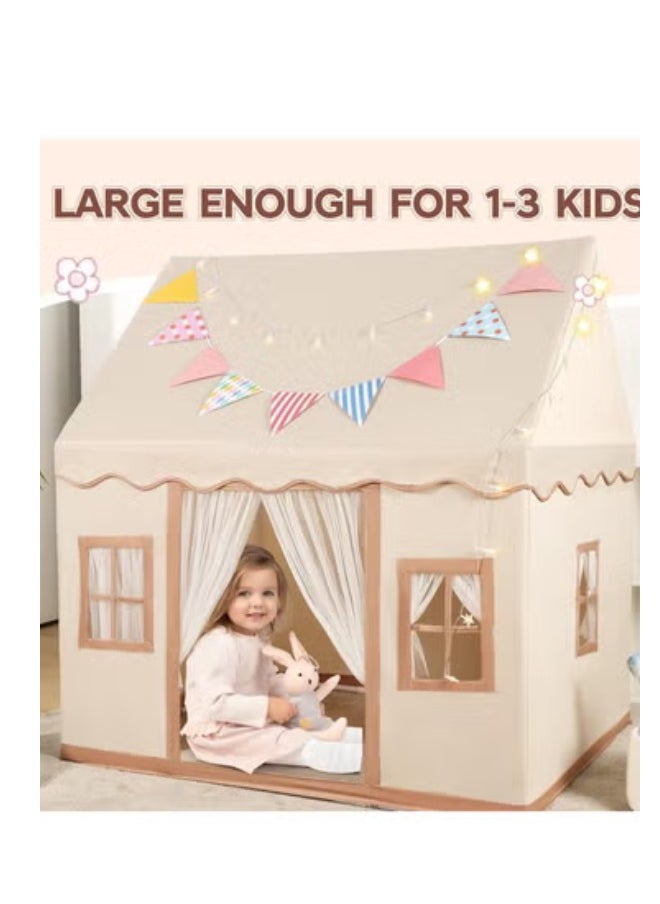Large Kids Tent Playhouse Basic Mat with Star Lights, Flags and Tote Bags, Kids Play Tent Indoor & Outdoor, Washable Tent for Boys & Girls, Kids Play House for Toddler, Neutral Color