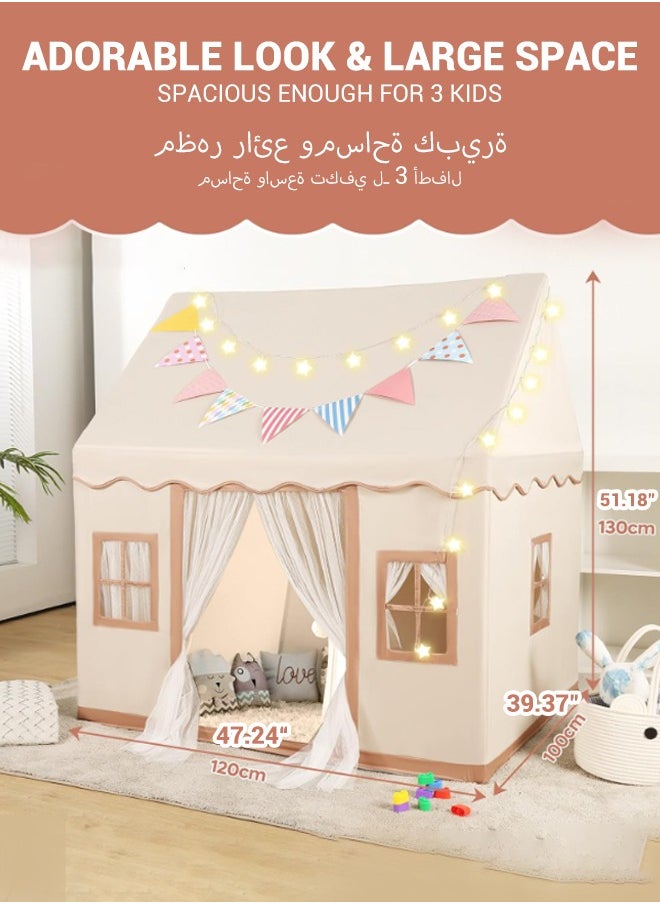 Large Kids Tent Playhouse Basic Mat with Star Lights, Flags and Tote Bags, Kids Play Tent Indoor & Outdoor, Washable Tent for Boys & Girls, Kids Play House for Toddler, Neutral Color