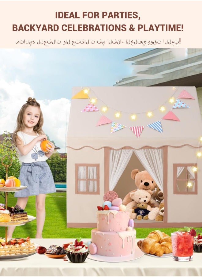 Large Kids Tent Playhouse Basic Mat with Star Lights, Flags and Tote Bags, Kids Play Tent Indoor & Outdoor, Washable Tent for Boys & Girls, Kids Play House for Toddler, Neutral Color