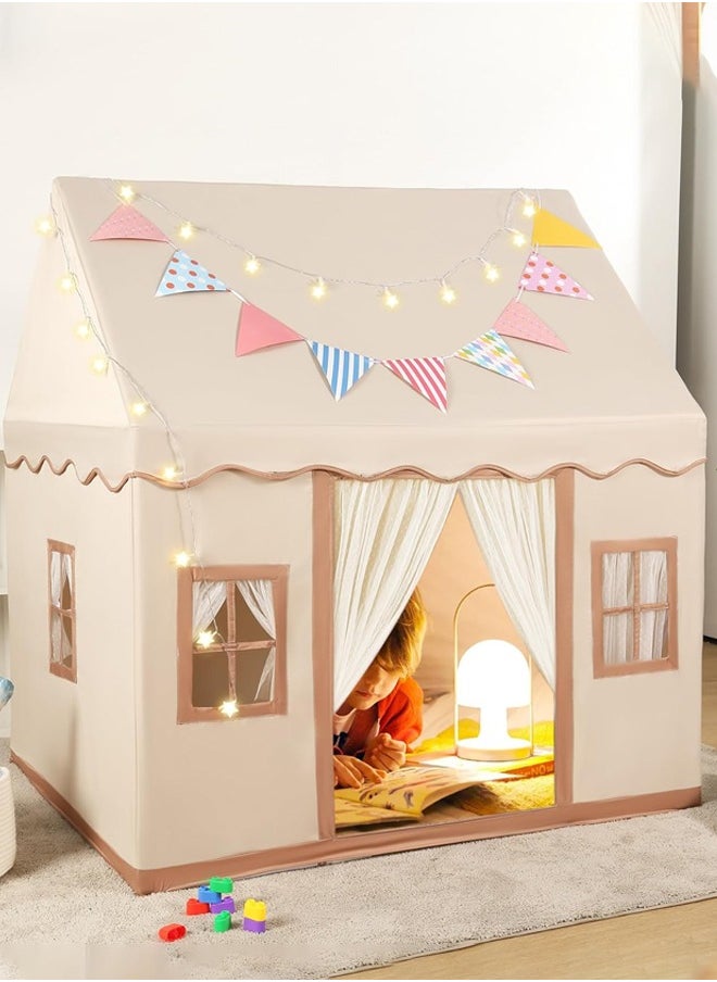 Large Kids Tent Playhouse Basic Mat with Star Lights, Flags and Tote Bags, Kids Play Tent Indoor & Outdoor, Washable Tent for Boys & Girls, Kids Play House for Toddler, Neutral Color