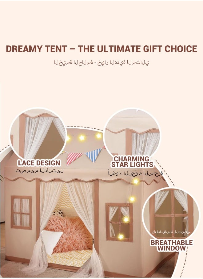 Large Kids Tent Playhouse Basic Mat with Star Lights, Flags and Tote Bags, Kids Play Tent Indoor & Outdoor, Washable Tent for Boys & Girls, Kids Play House for Toddler, Neutral Color