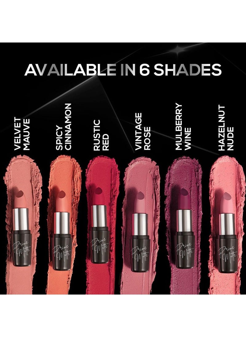 Prime Matte Lipstick - Vintage Rose, Lightweight & Long-Lasting Formula, Creamy Matte Finish, One Swipe Application, Non-Drying, Vitamin E Infused, 4.5Gm