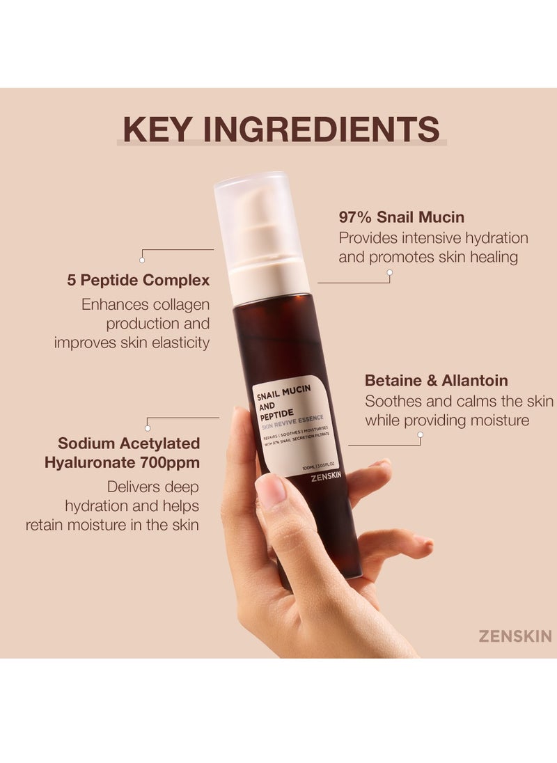 ZENSKIN Snail Mucin and Peptide Skin Revive Essence | Korean Hydrating Anti-Aging Serum with 97% Snail Mucin, 5 Peptides & Hyaluronic Acid, 100ml