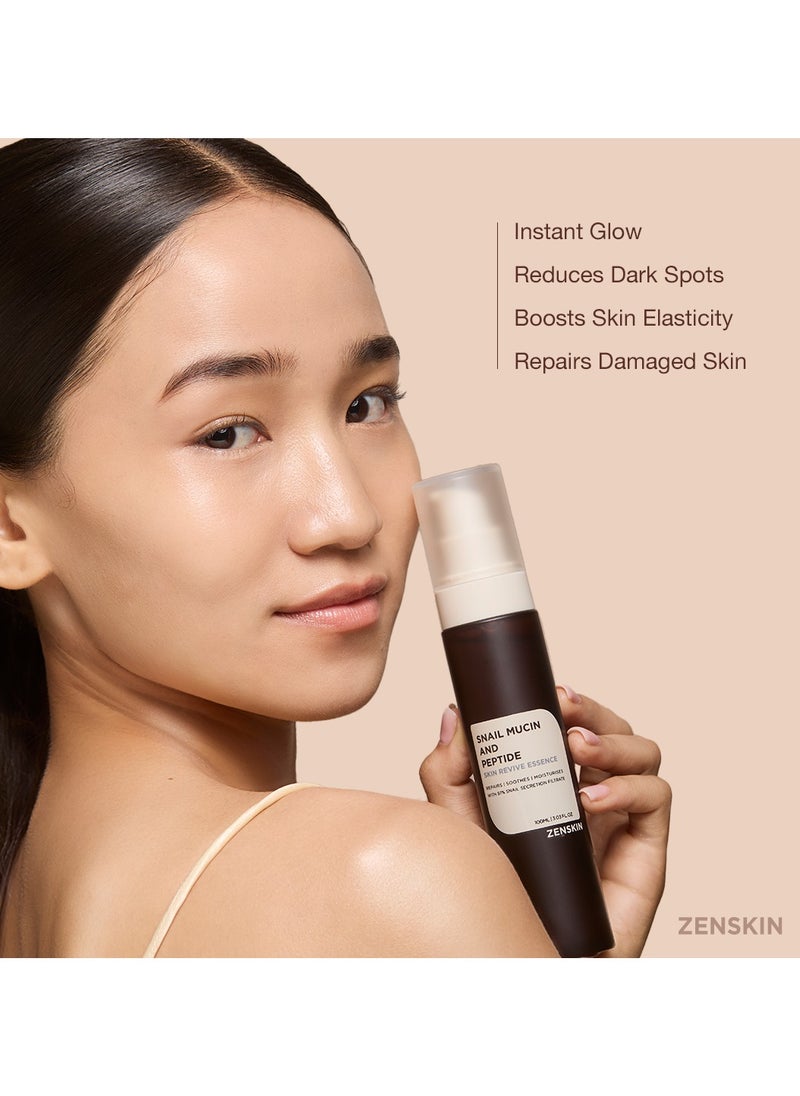 ZENSKIN Snail Mucin and Peptide Skin Revive Essence | Korean Hydrating Anti-Aging Serum with 97% Snail Mucin, 5 Peptides & Hyaluronic Acid, 100ml