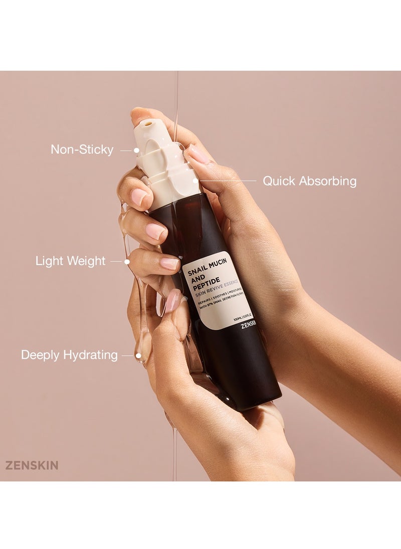 ZENSKIN Snail Mucin and Peptide Skin Revive Essence | Korean Hydrating Anti-Aging Serum with 97% Snail Mucin, 5 Peptides & Hyaluronic Acid, 100ml