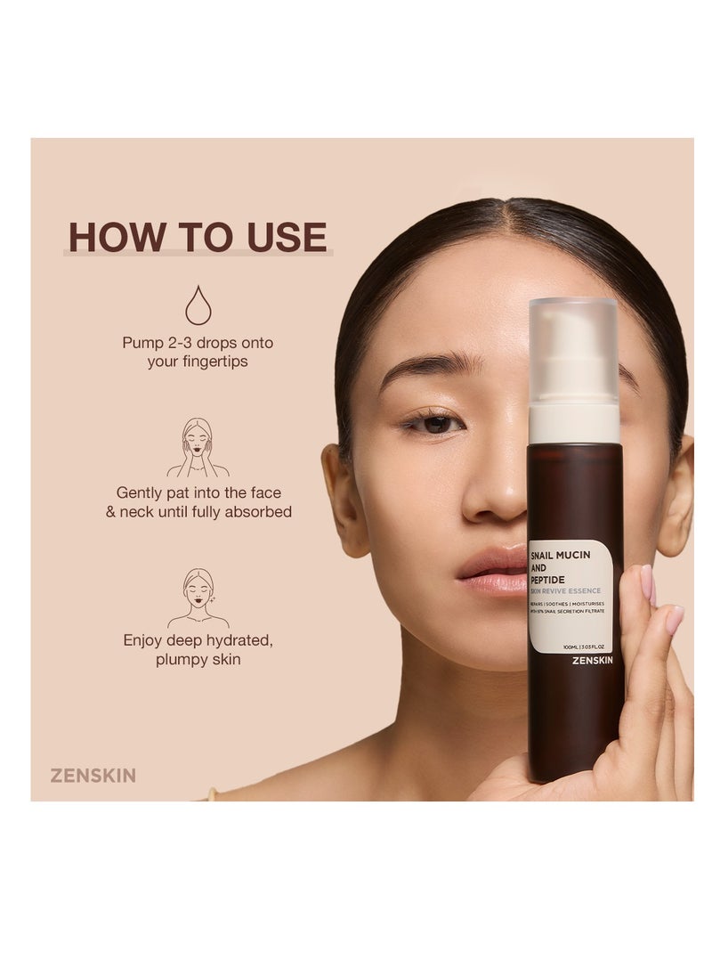 ZENSKIN Snail Mucin and Peptide Skin Revive Essence | Korean Hydrating Anti-Aging Serum with 97% Snail Mucin, 5 Peptides & Hyaluronic Acid, 100ml