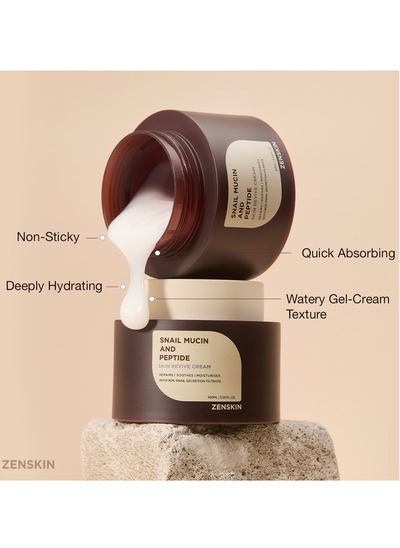 ZENSKIN Snail Mucin and Peptide Skin Revive Cream | Deep Hydration, Anti-Aging Firming Moisturizer with 90% Snail Mucin & 5 Peptides for Smooth, Youthful, Radiant Skin, 100ml