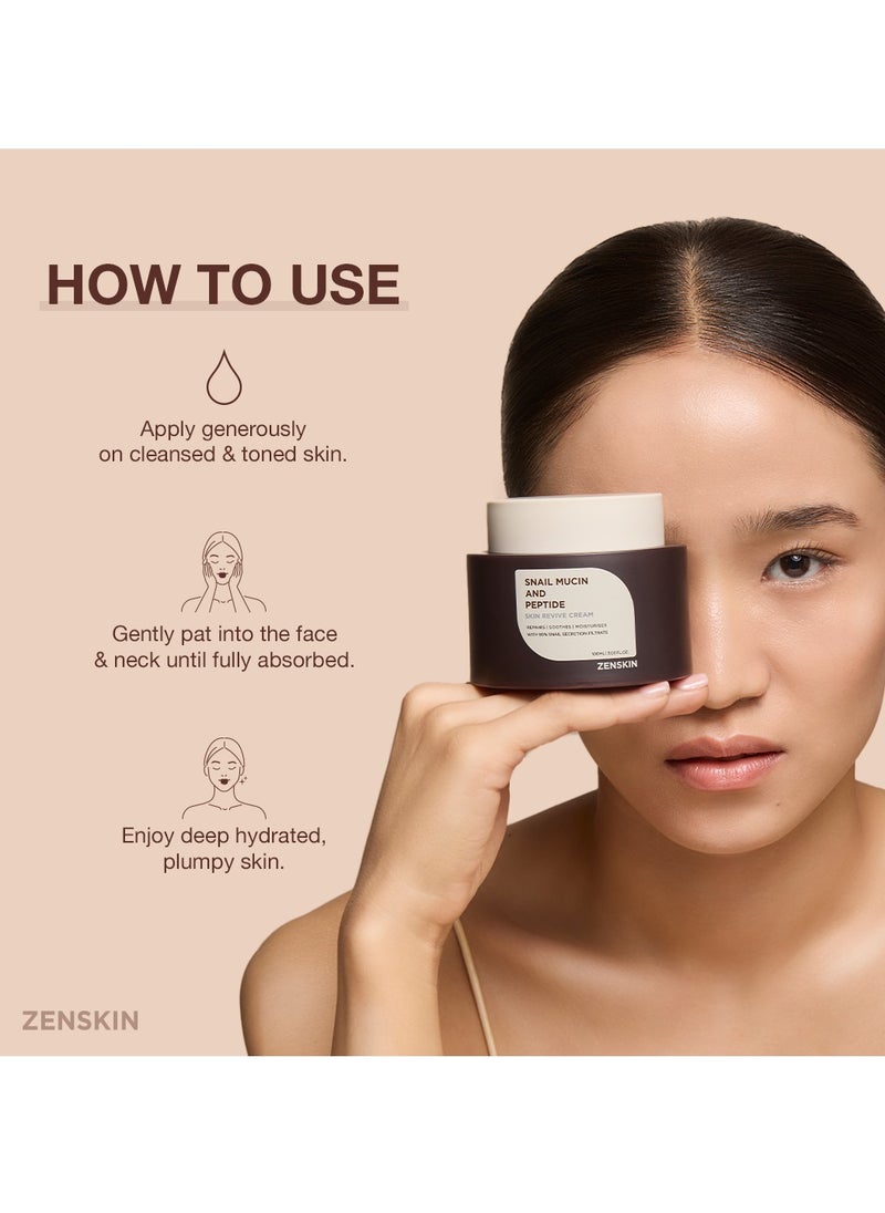 ZENSKIN Snail Mucin and Peptide Skin Revive Cream | Deep Hydration, Anti-Aging Firming Moisturizer with 90% Snail Mucin & 5 Peptides for Smooth, Youthful, Radiant Skin, 100ml