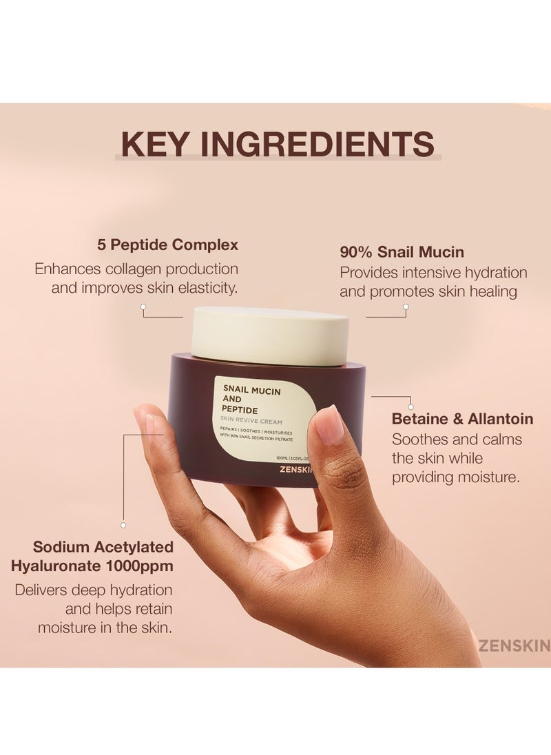 ZENSKIN Snail Mucin and Peptide Skin Revive Cream | Deep Hydration, Anti-Aging Firming Moisturizer with 90% Snail Mucin & 5 Peptides for Smooth, Youthful, Radiant Skin, 100ml