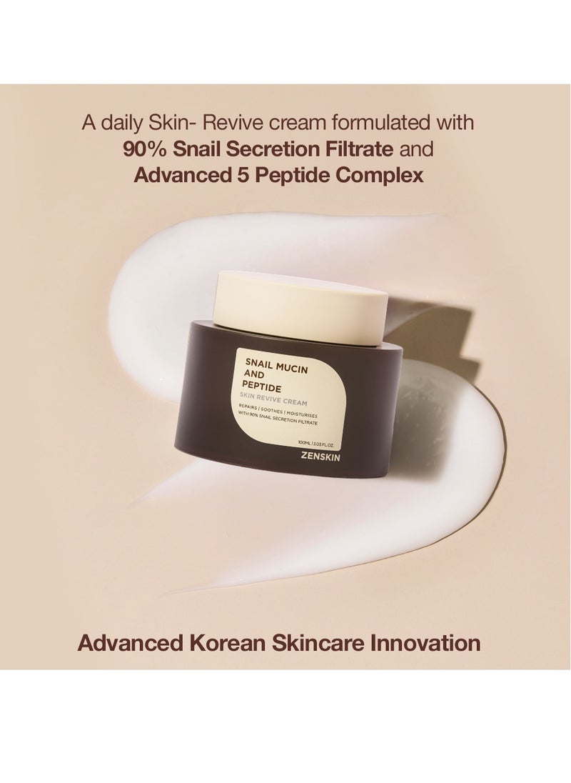 ZENSKIN Snail Mucin and Peptide Skin Revive Cream | Deep Hydration, Anti-Aging Firming Moisturizer with 90% Snail Mucin & 5 Peptides for Smooth, Youthful, Radiant Skin, 100ml