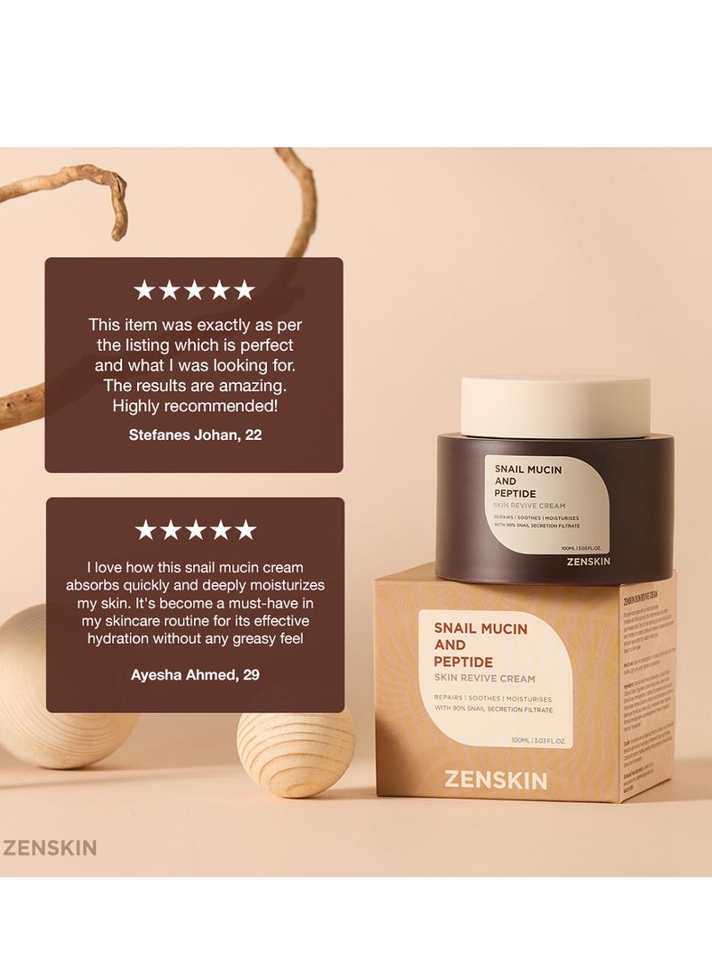 ZENSKIN Snail Mucin and Peptide Skin Revive Cream | Deep Hydration, Anti-Aging Firming Moisturizer with 90% Snail Mucin & 5 Peptides for Smooth, Youthful, Radiant Skin, 100ml