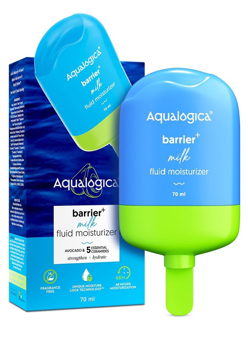 Aqualogica 5 Barrier+ Milk Fluid Moisturizer with Avocado & Ceramides | Lightweight Milk-Like Texture | Repairs & Strengthens Skin Barrier | 48Hr Deep Moisturization I For Dry To Sensitive Skin | Non Sticky, Quick Absorbing & Hydrating | 70 ml