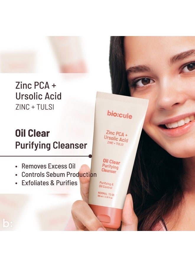 biocule Oil Clear Purifying Cleanser for Oil Control, Open Pores Minimization & Soothing, AHA BHA Face Wash with Zinc PCA & Ursolic Acid from Tulsi for Oily Skin & Combination Skin, 100ml