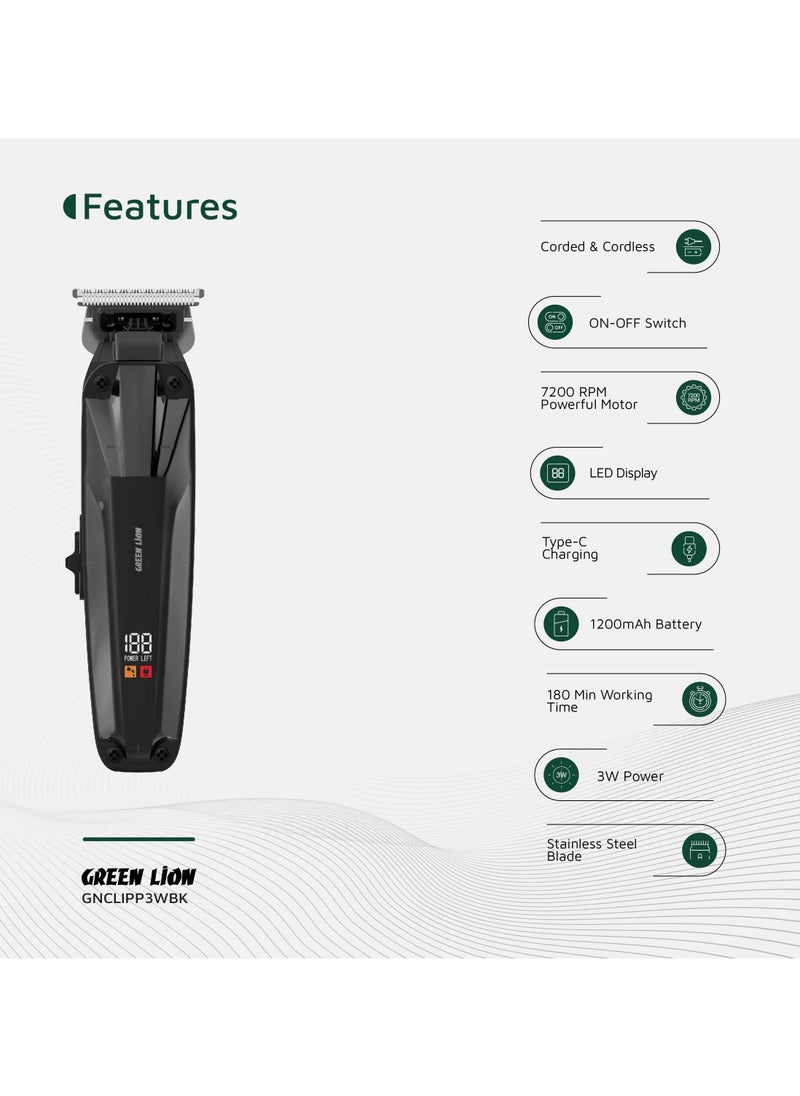 Clip Master the Professional Hair Clipper 3W with 7200 RPM Powerful Motor & Stainless-Steel Blade / 180 min Working Time / Corded & Cordless / On & Off Switch / LED Display / ABS + PC Material - Black