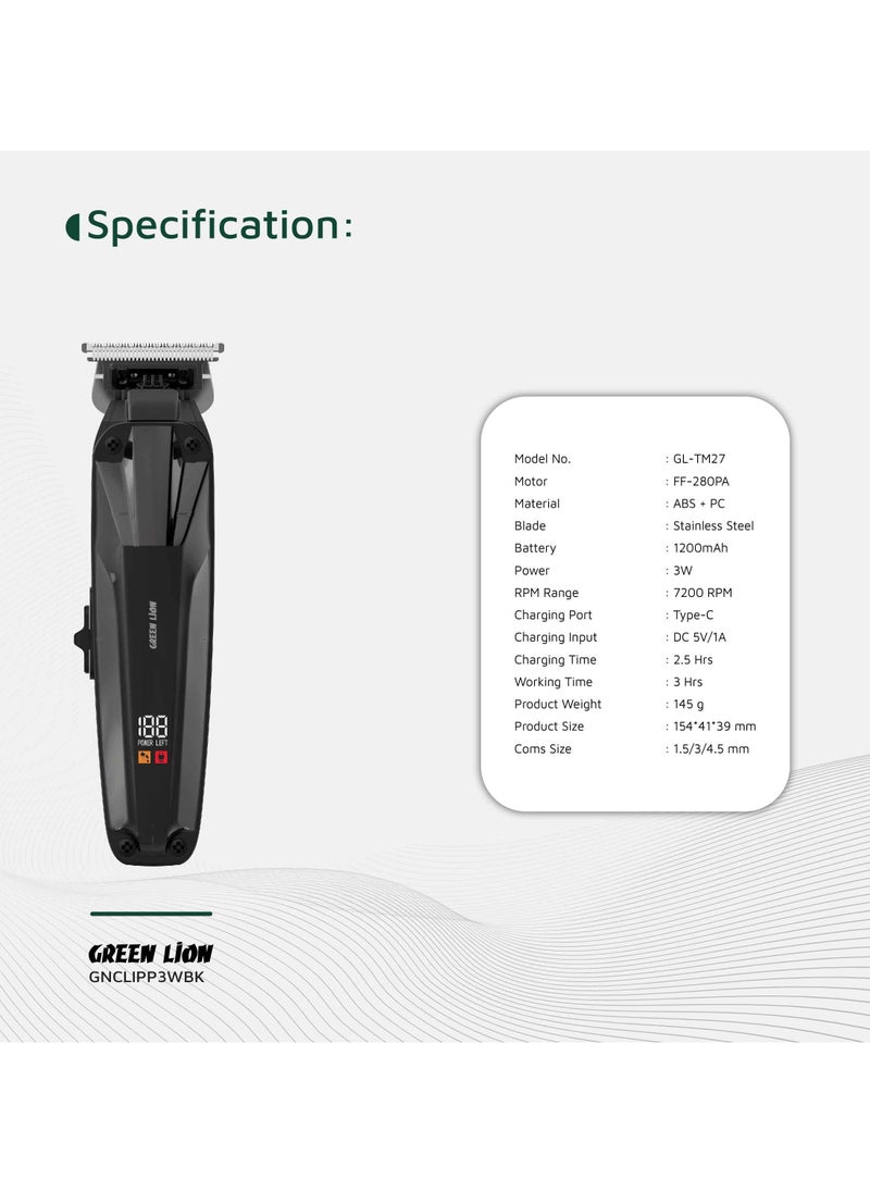 Clip Master the Professional Hair Clipper 3W with 7200 RPM Powerful Motor & Stainless-Steel Blade / 180 min Working Time / Corded & Cordless / On & Off Switch / LED Display / ABS + PC Material - Black