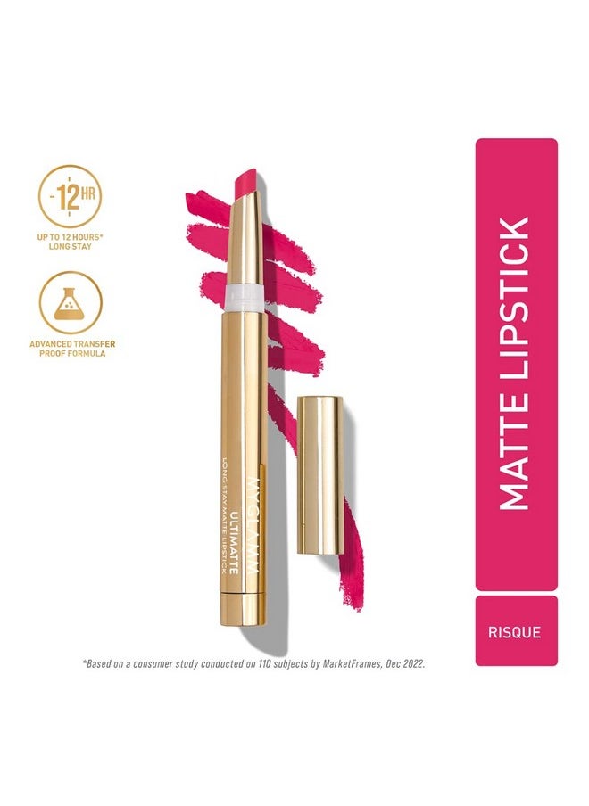 MyGlamm Ultimatte Long Stay Matte Lipstick - Risque (Pink) | Long Lasting Lipsticks for Women With 12hr Stay | Transfer Proof | Rich Colour | Moisturising, Lightweight Formula | 1.3g