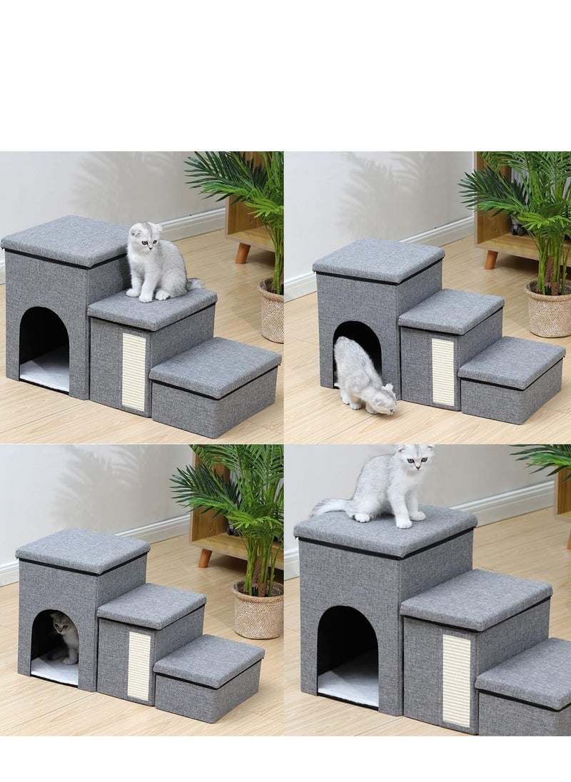 3-Step Foldable Storage Indoor Cat Steps,Pet Steps for High Bed Sofa,Non-Slip Cat Stairs Steps with Storage&Condo&Scratcher for Cats