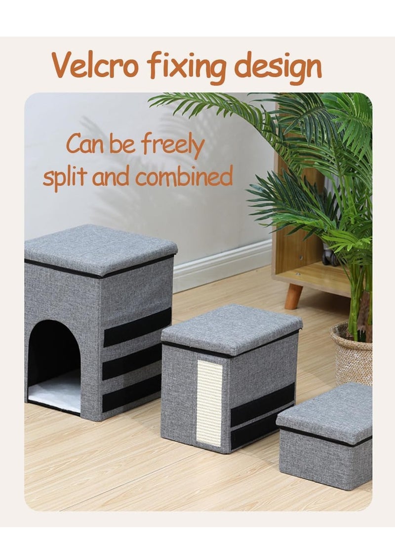3-Step Foldable Storage Indoor Cat Steps,Pet Steps for High Bed Sofa,Non-Slip Cat Stairs Steps with Storage&Condo&Scratcher for Cats