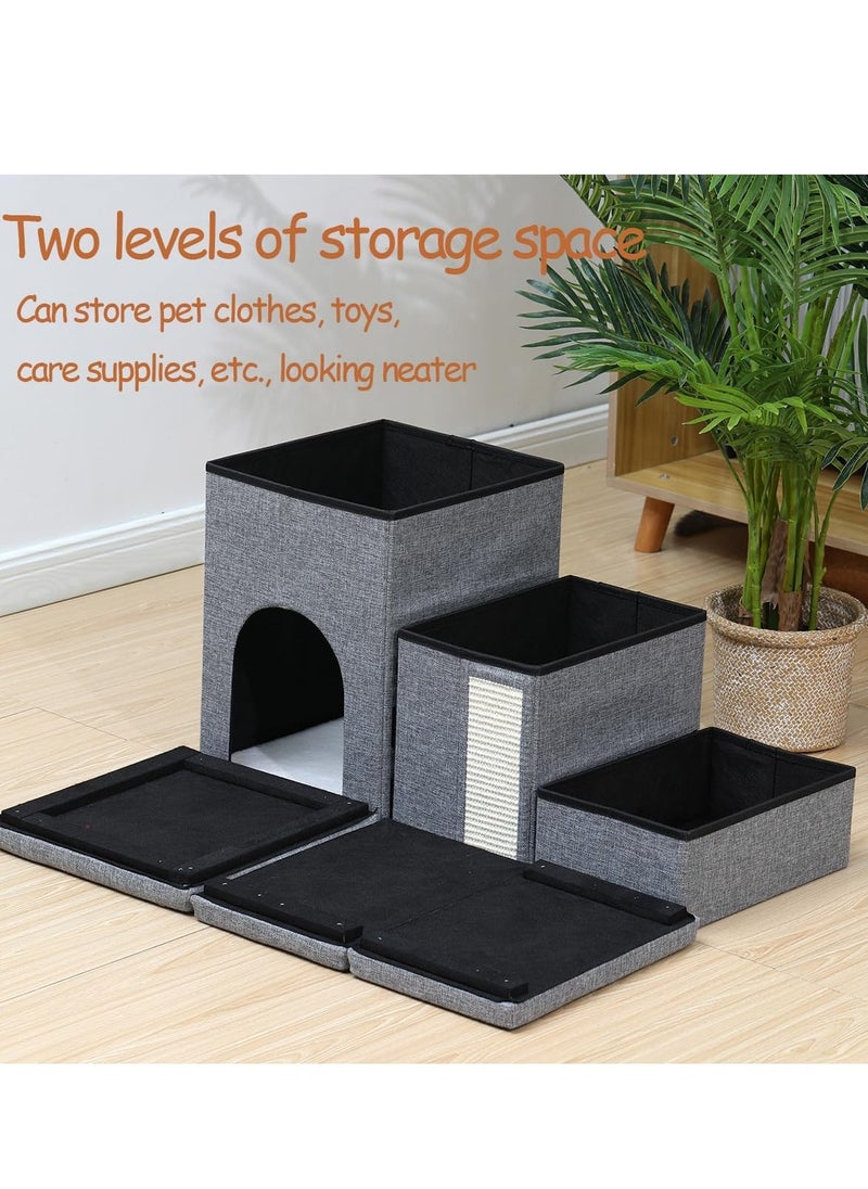 3-Step Foldable Storage Indoor Cat Steps,Pet Steps for High Bed Sofa,Non-Slip Cat Stairs Steps with Storage&Condo&Scratcher for Cats