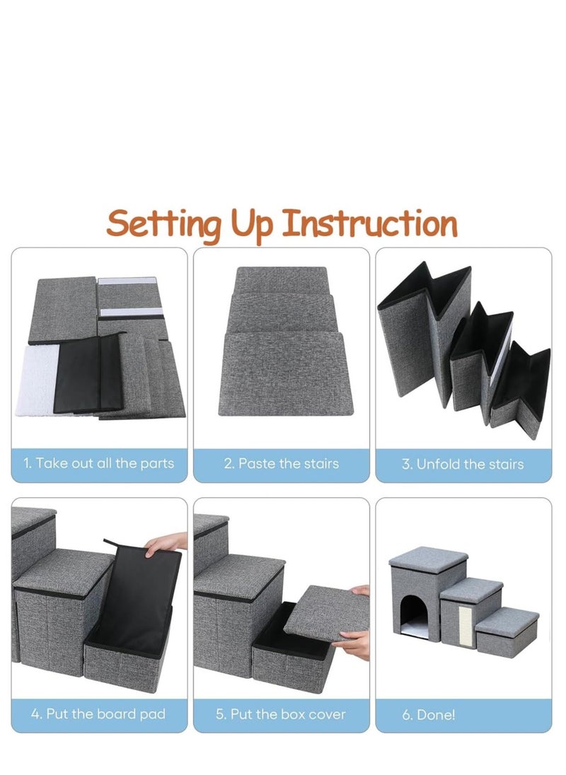 3-Step Foldable Storage Indoor Cat Steps,Pet Steps for High Bed Sofa,Non-Slip Cat Stairs Steps with Storage&Condo&Scratcher for Cats