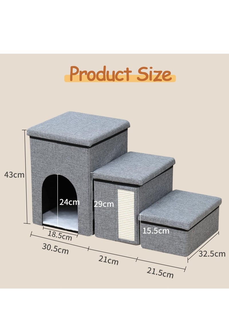 3-Step Foldable Storage Indoor Cat Steps,Pet Steps for High Bed Sofa,Non-Slip Cat Stairs Steps with Storage&Condo&Scratcher for Cats