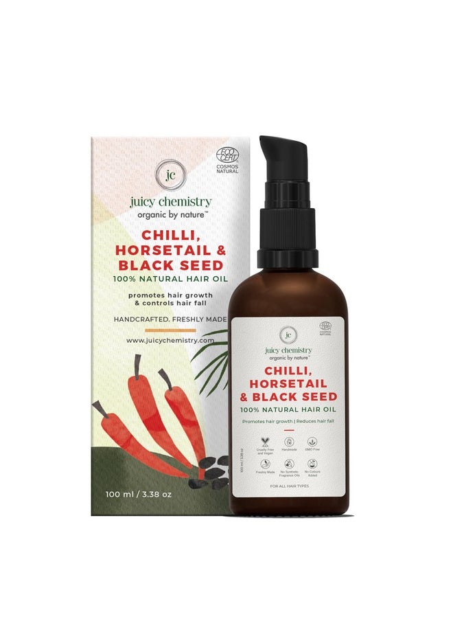 Juicy Chemistry Chilli, Horsetail & Blackseed Hair Oil, 100 ml | Hair Growth Oil Enriched with Rosemary Oil & Kalonji Oil to Control Hair Fall | Clinically Proven Hair Growth Oil with Natural DHT Blockers for Men & Women | For Healthy Hair, Scalp Nourishment & Hair Growth | Dermatologically Tested