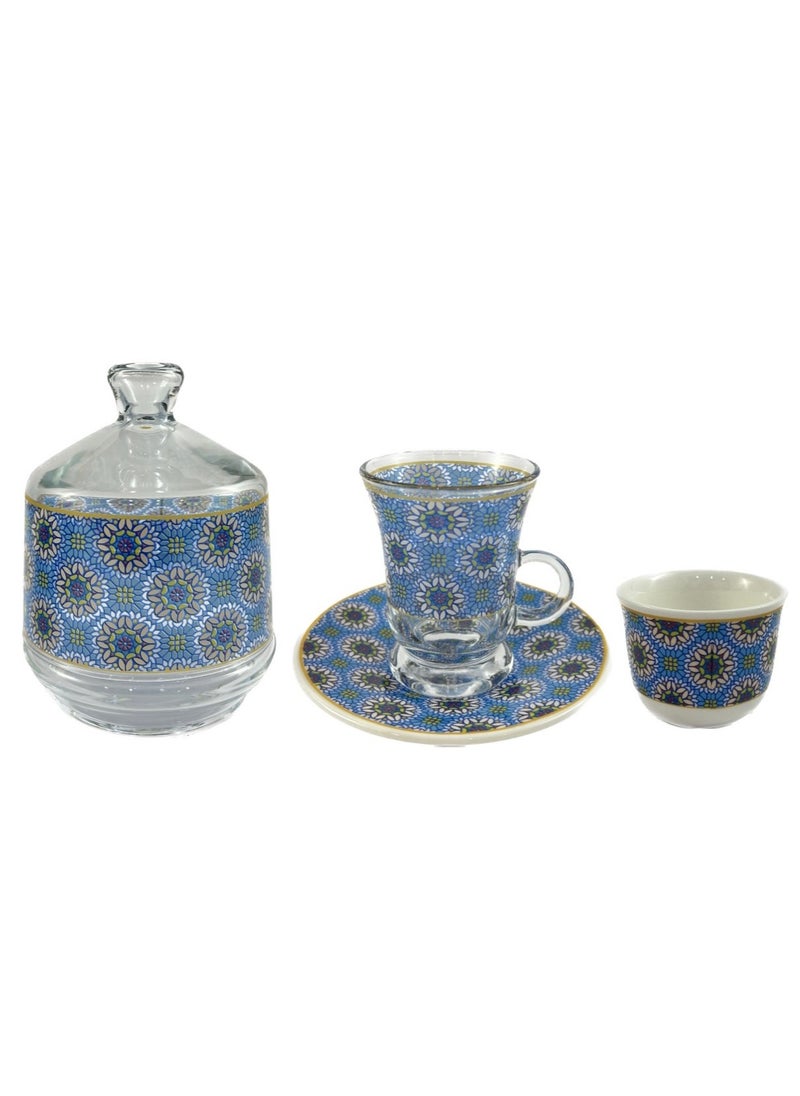 20-Piece Tea Set – Porcelain Coffee Cups & Tea Saucers, Glass Tea Glasses & Sugar Bowl – Elegant Tea and Coffee Set for Any Occasion