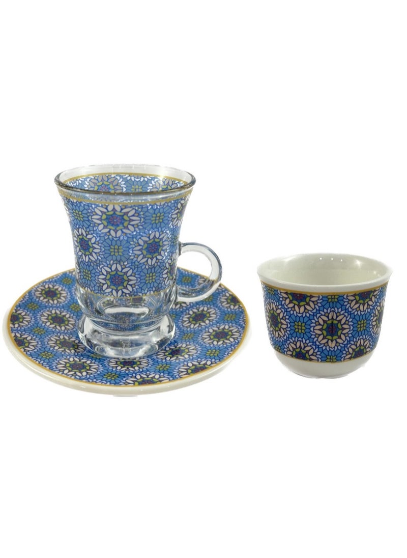 20-Piece Tea Set – Porcelain Coffee Cups & Tea Saucers, Glass Tea Glasses & Sugar Bowl – Elegant Tea and Coffee Set for Any Occasion