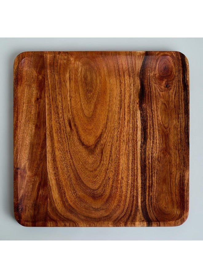 SAAGA Acacia Solid Wooden Square Tray for Serving Snacks, Salads and Noodles | Brown Appetizer Plates for Dining Table - 11 x 11 Inches