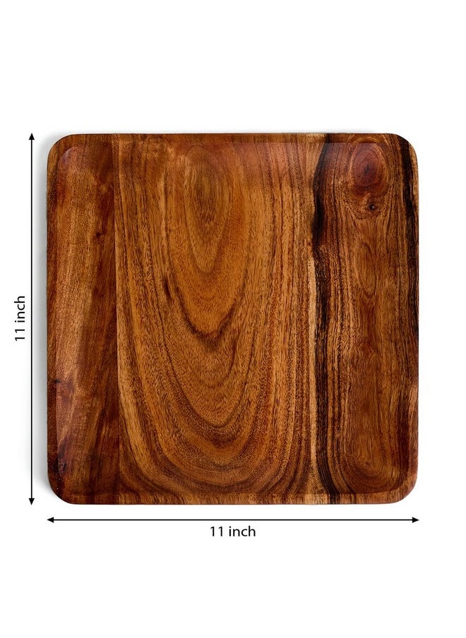 SAAGA Acacia Solid Wooden Square Tray for Serving Snacks, Salads and Noodles | Brown Appetizer Plates for Dining Table - 11 x 11 Inches