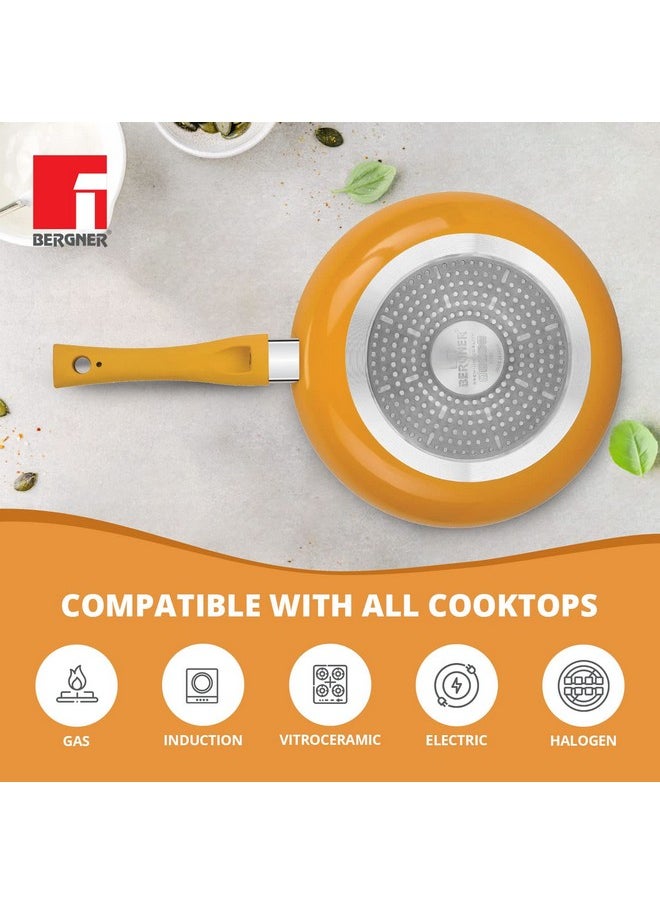 BERGNER Aluminium Jazz Non Stick Cookware Set 4Pc-Kadhai with Glass Lid 24Cm, Dosa Tawa 28Cm, Frypan 24Cm with Induction Compatible, Soft Touch Handles, Pfoa Free, Yellow