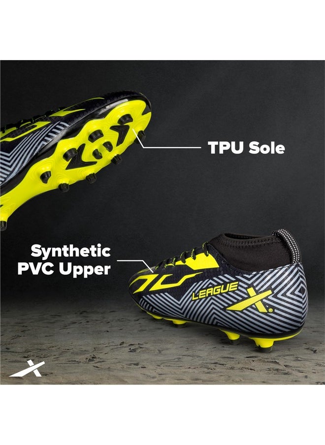 Vector X League Football Shoe for Men/Studs with Synthetic Leather Upper/Rib Ankle/Comfortable and Lightweight Soccer Shoe (Black-Green, Size-8)